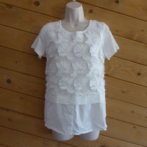 White Floral Faux Layer Short Sleeve Shirt Pull Over Tunic Blouse Top